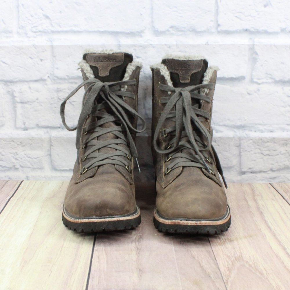 LL BEAN Brown Leather Fleece Lined Vibram Winter Ankle Boots Size 7 M - Picture 4 of 9